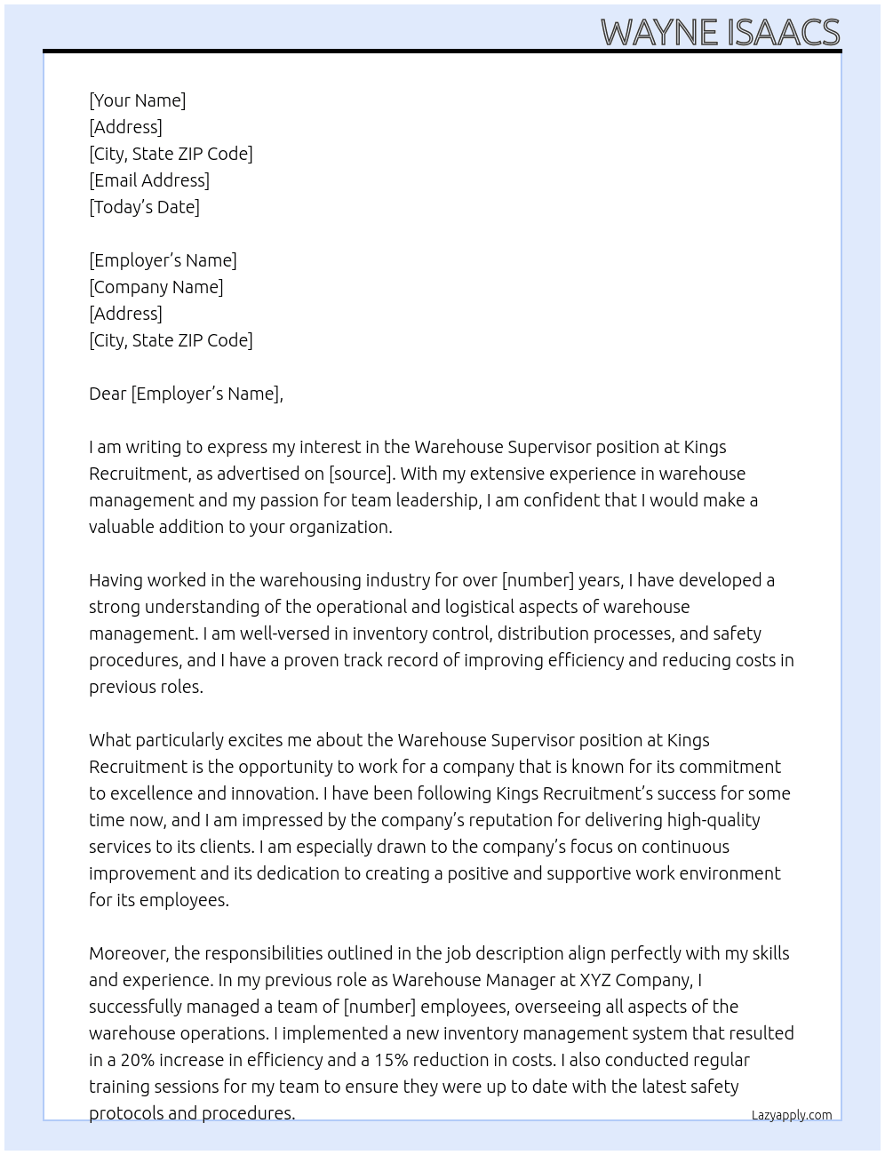 Warehouse Supervisor At Kings recruitment Cover Letter
