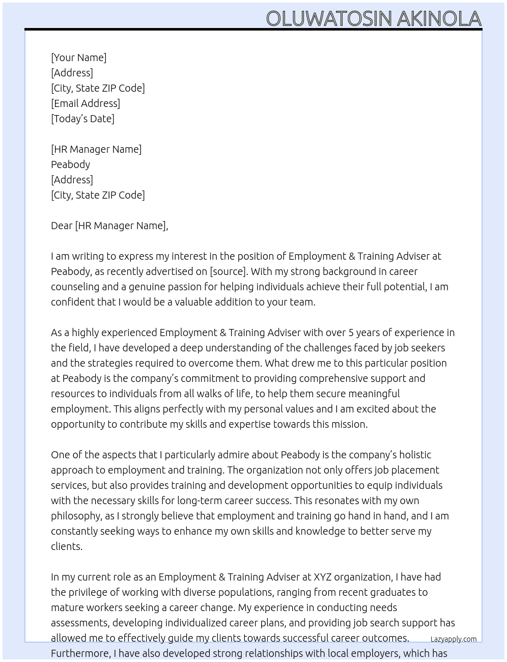 Employment & Training Adviser At Peabody Cover Letter