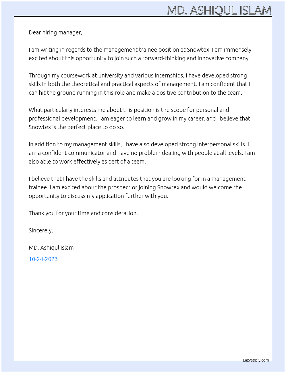 management trainee At snowtex Cover Letter
