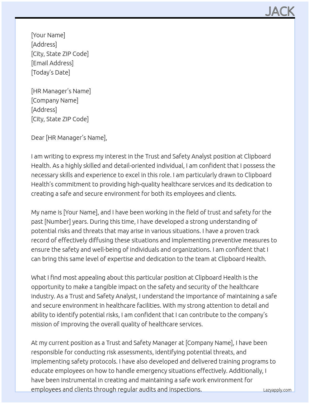 Trust and Safety Analyst At Clipboard Health Cover Letter