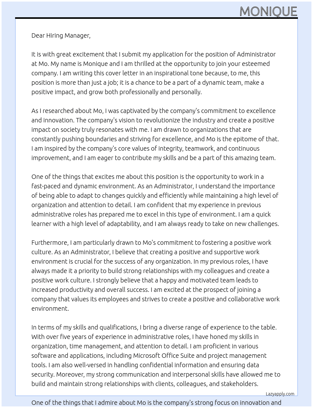 Administrator At Mo Cover Letter