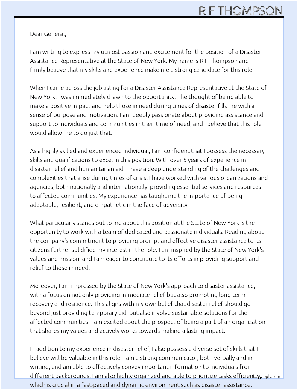disaster assistance representative At State of New York Cover Letter