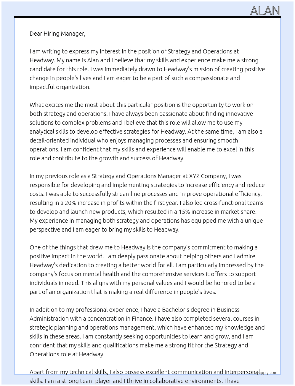 Strategy and Operations At Headway Cover Letter