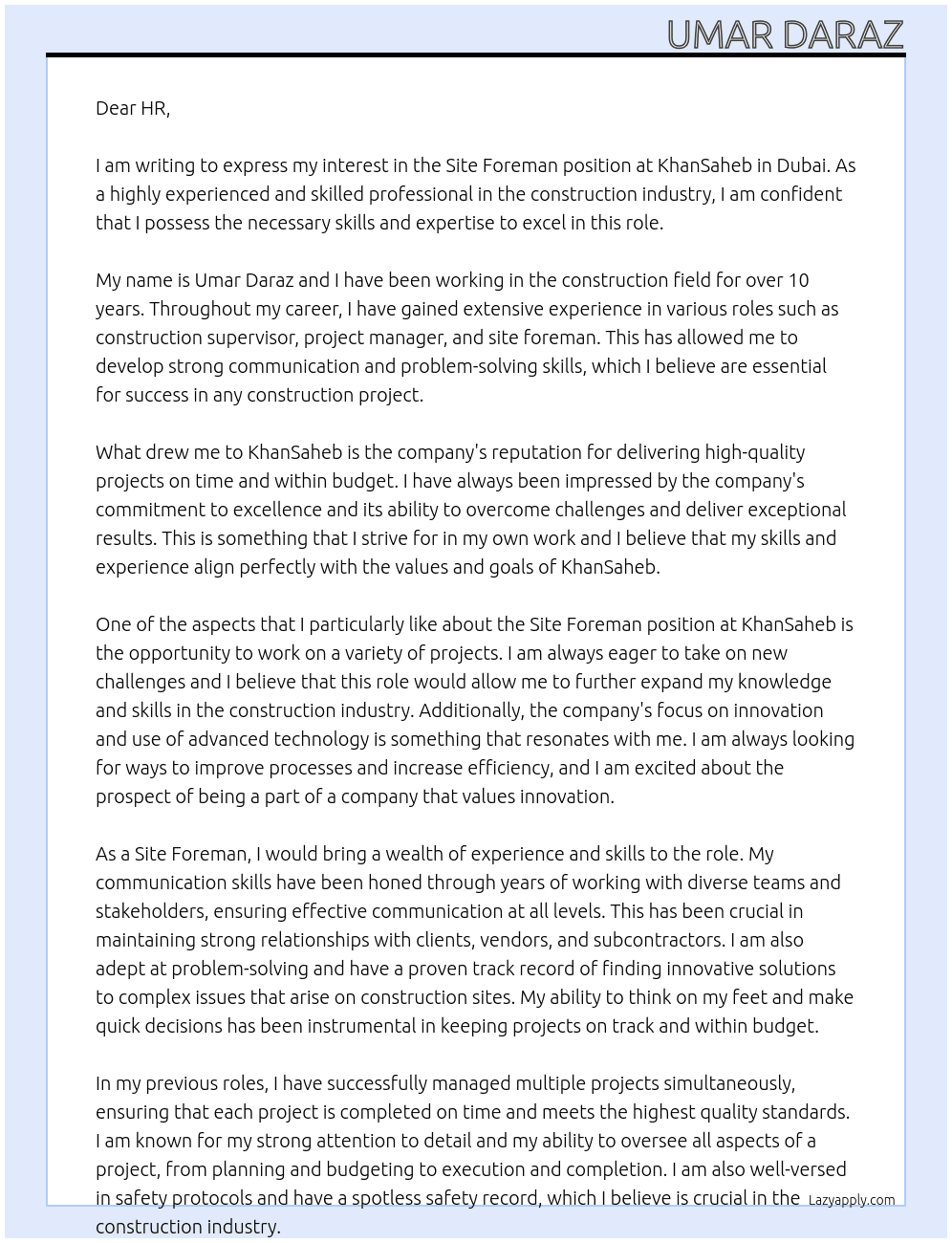 For site Forman At KhanSaheb Cover Letter