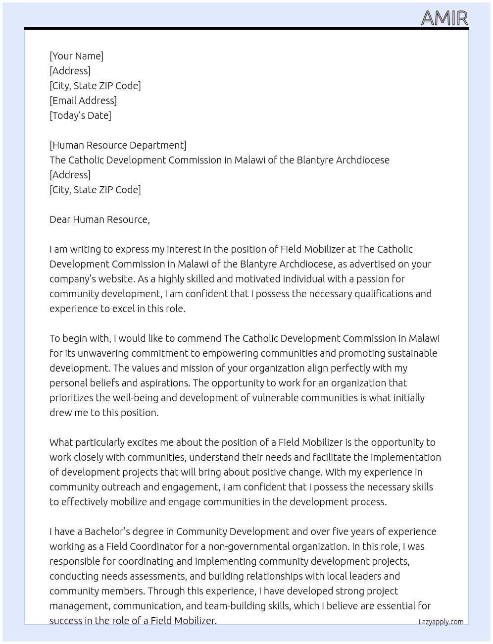 field mobilizer At The Catholic Development Commission in Malawi of the Blantyre Archdiocese Cover Letter