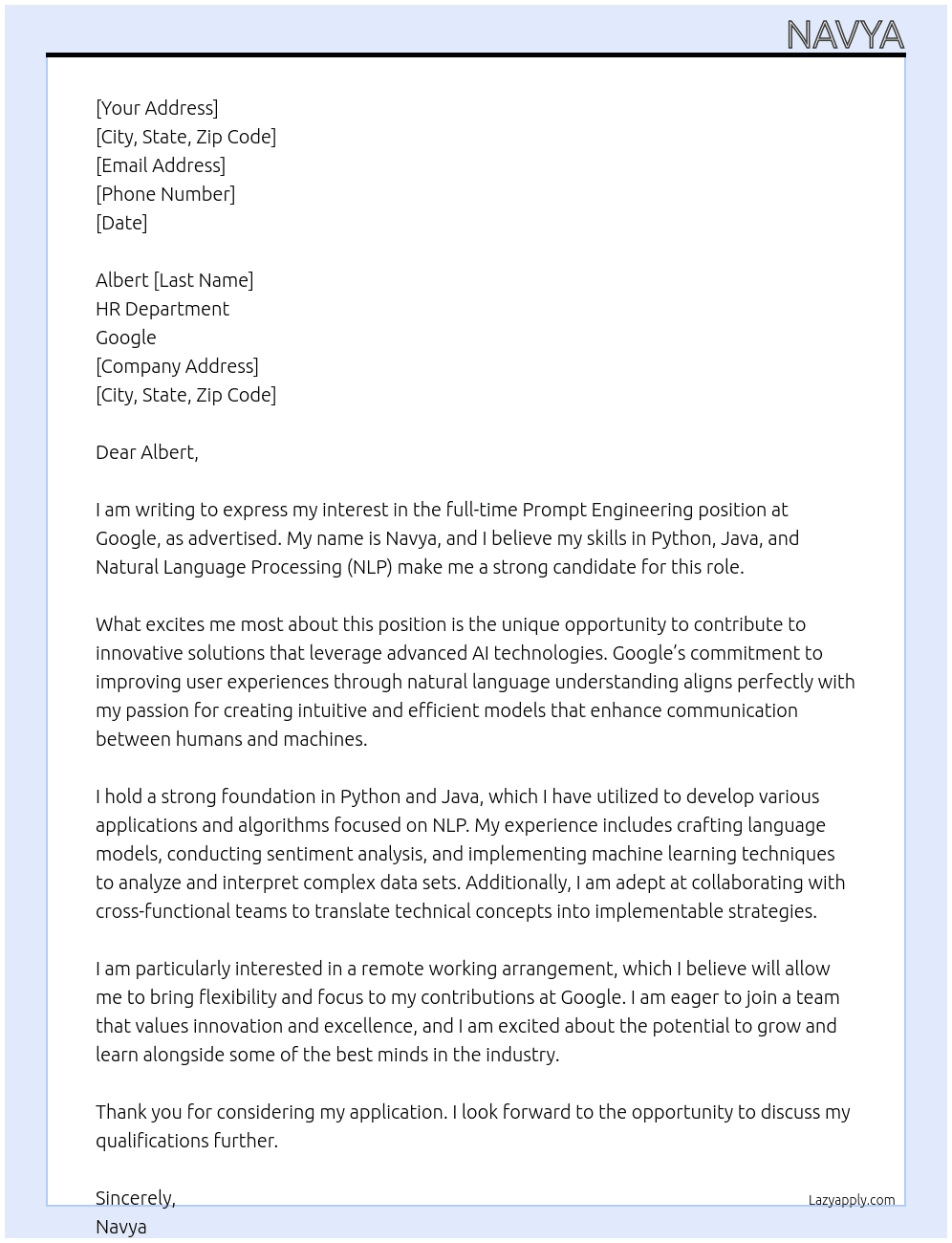Cover letter for prompt engineering - LazyApply
