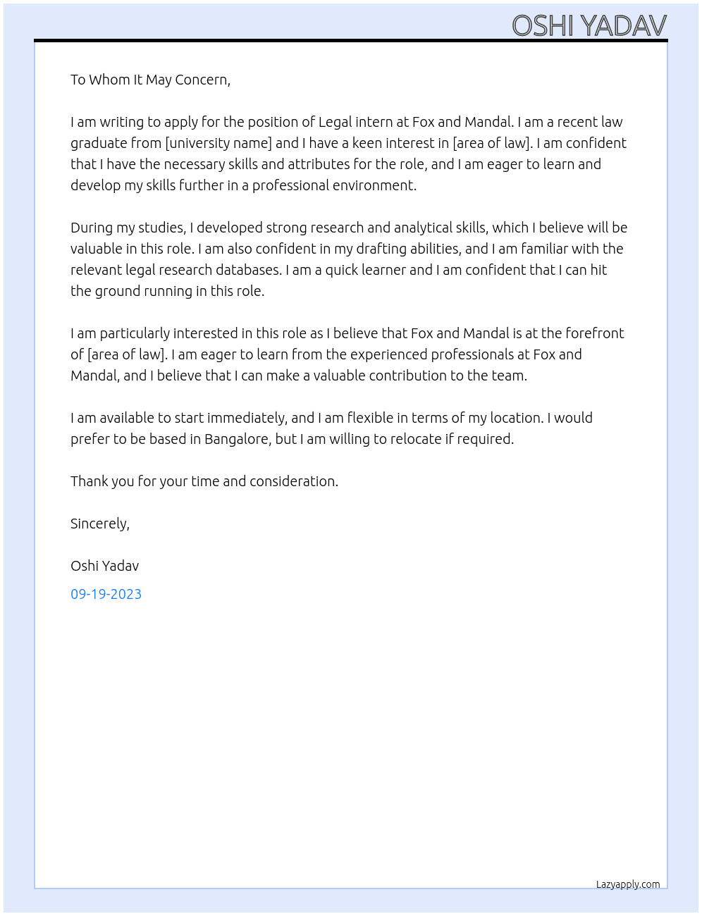 Legal intern At Fox and Mandal Cover Letter