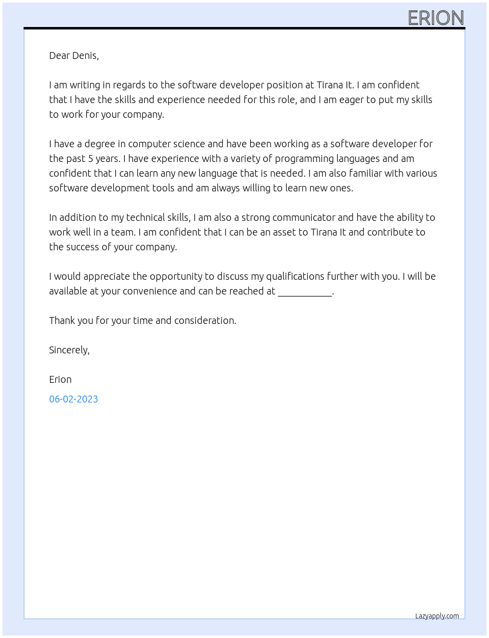 Software developer At Tirana It Cover Letter