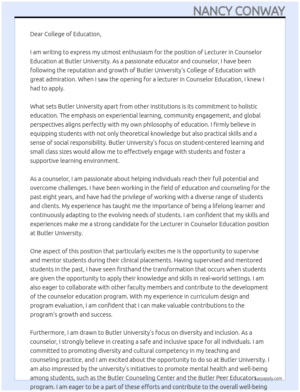 Lecturer in Counselor Education  At Butler University Cover Letter