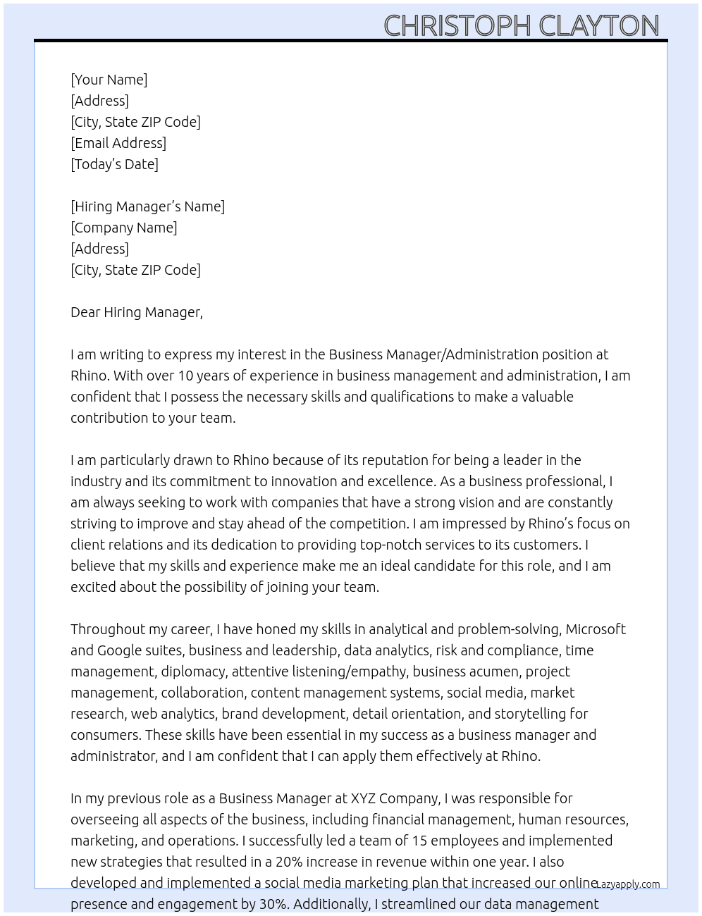 Business manager/Adminstraction  At Rhino Cover Letter