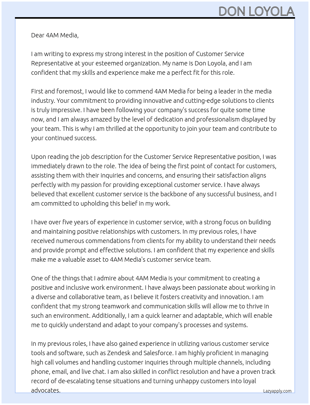 Customer Service Representative At 4AM Media Cover Letter