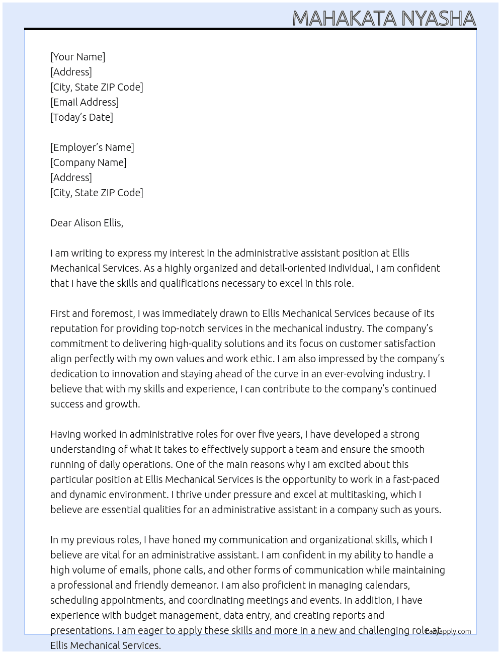 administrative assistant At Ellis Mechanical Services Cover Letter