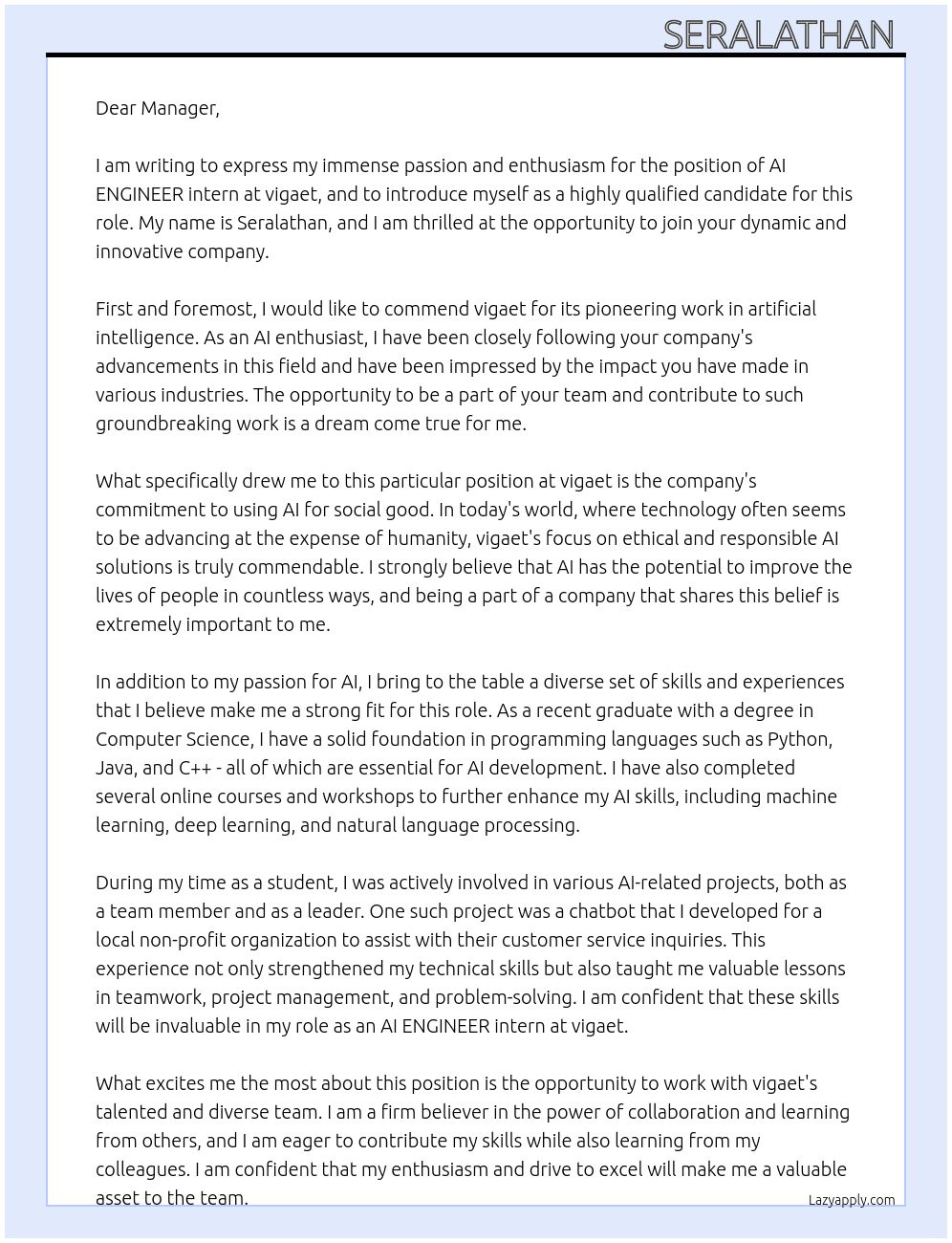AI ENGINEER intern At vigaet Cover Letter