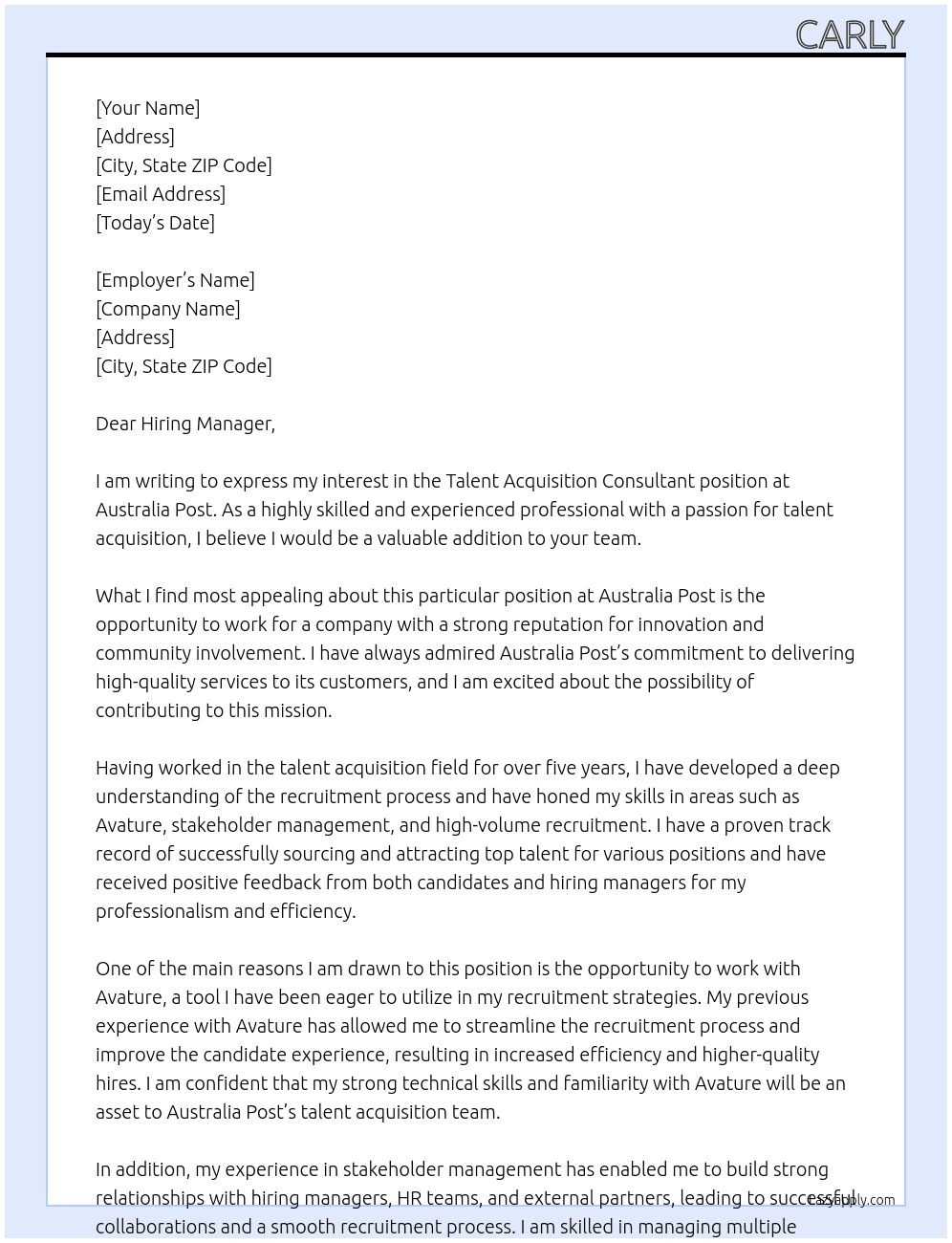 Talent Acquisition Consultant At Australia Post Cover Letter