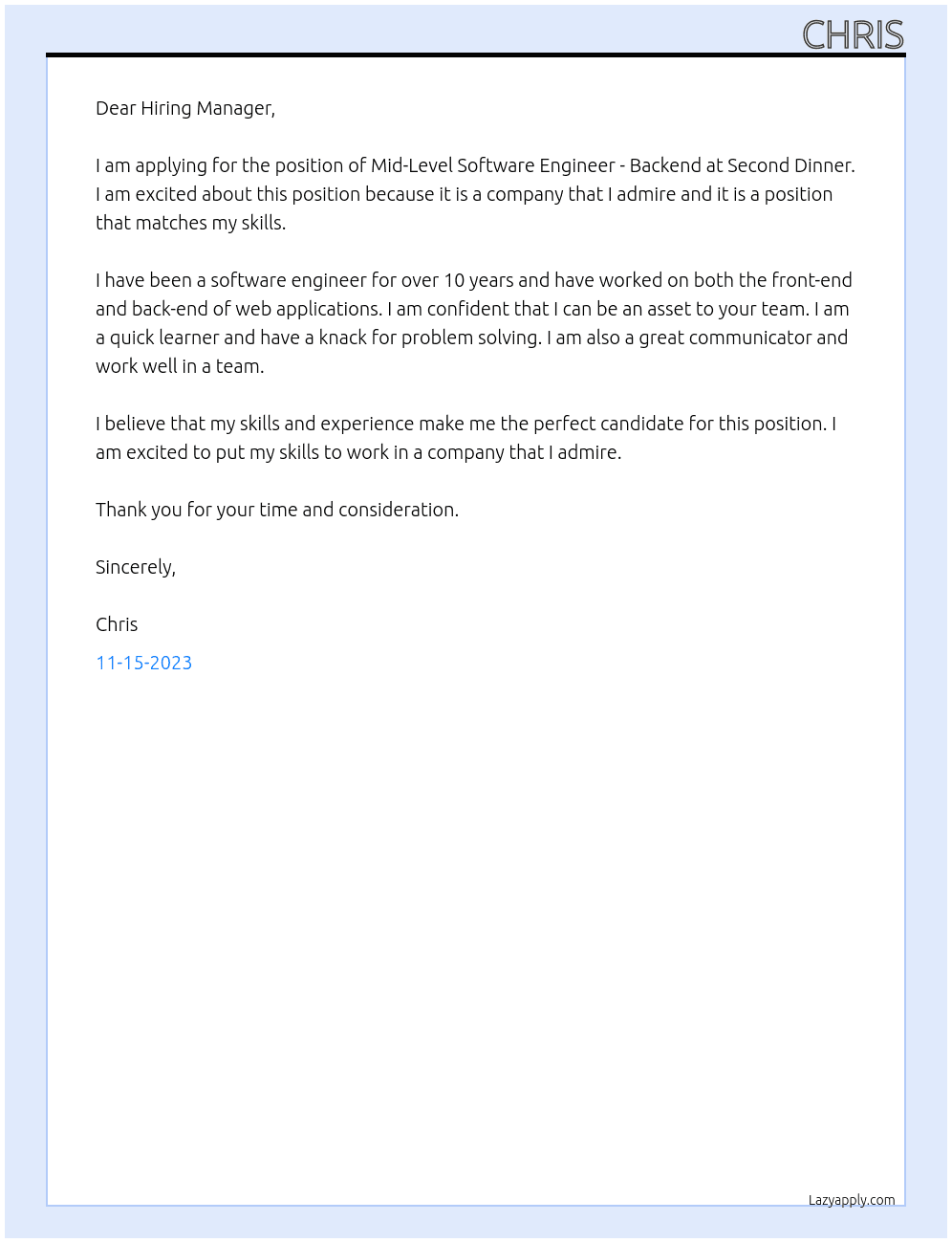 Mid-Level Software Engineer - Backend At Second Dinner Cover Letter