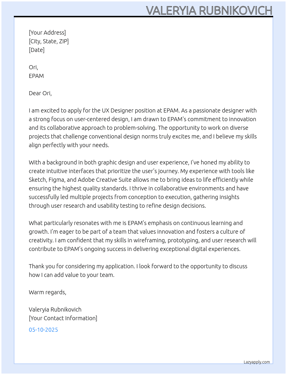 Ux designer At Epam Cover Letter