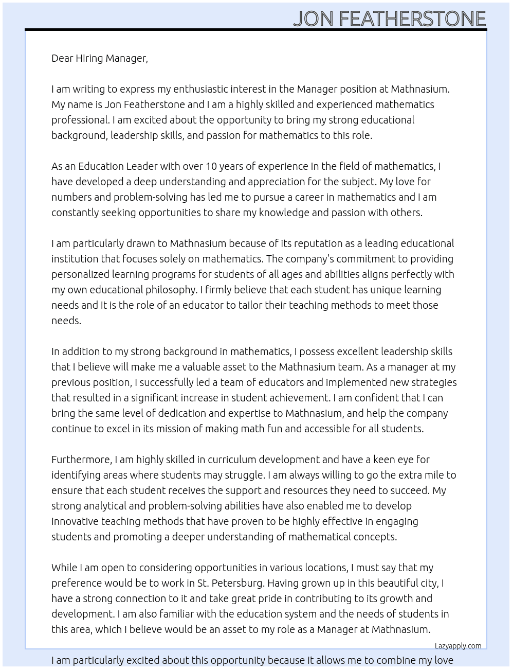 Manager At Mathnasium Cover Letter
