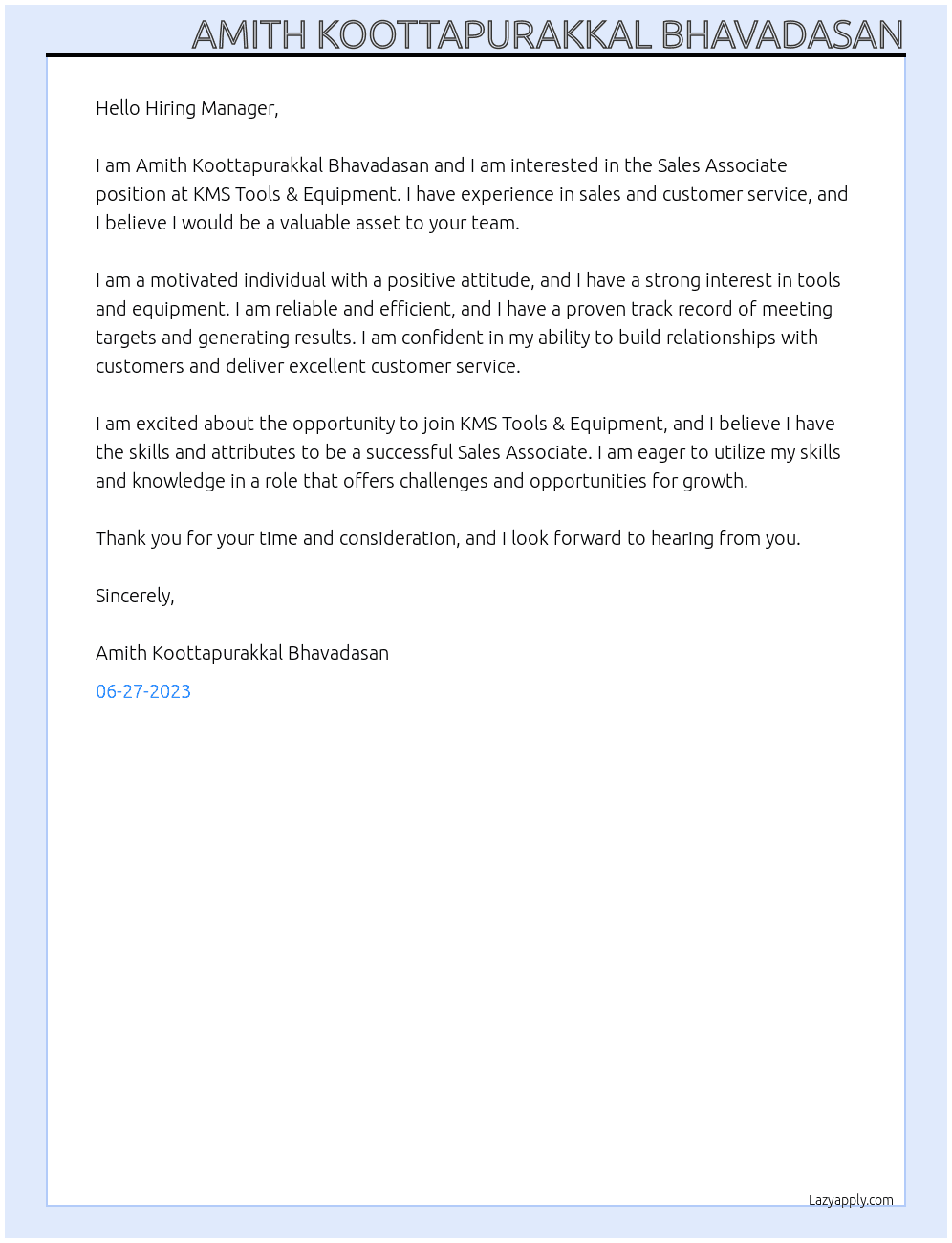 Sales Associate At KMS Tools & Equipment Cover Letter