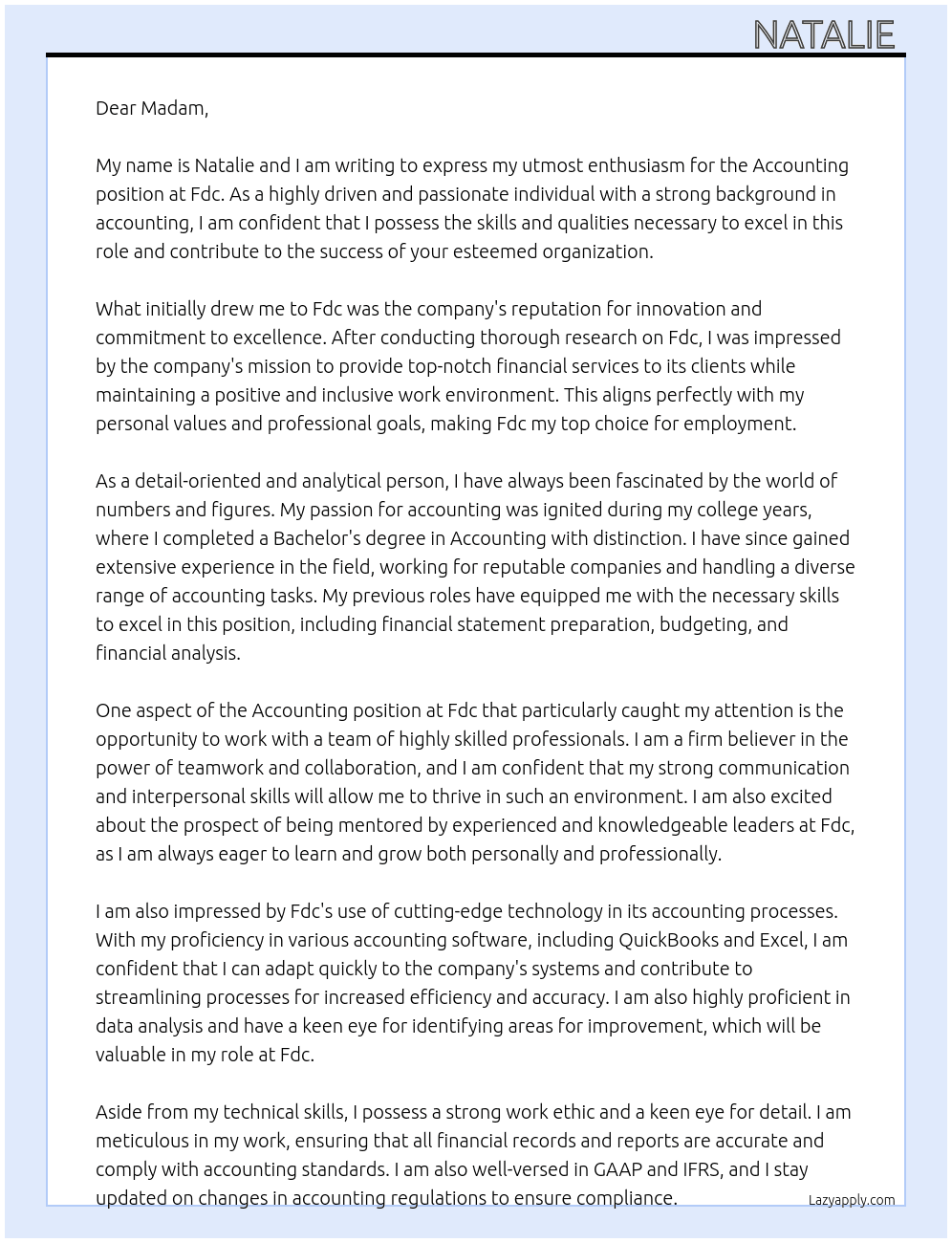 Accounting  At Fdc  Cover Letter