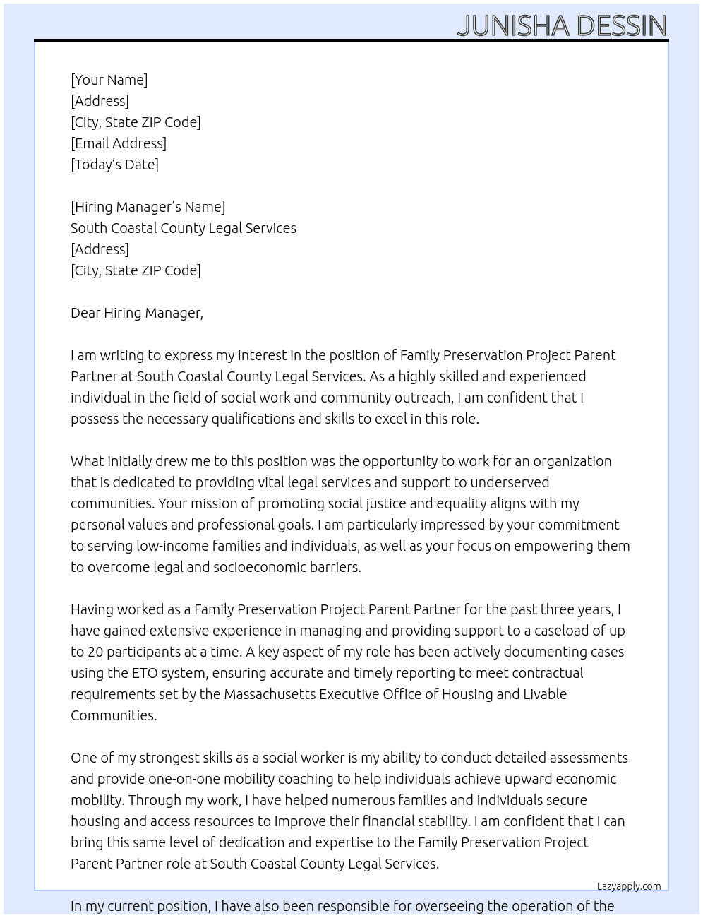 Family preservation project parent partner  At South Coastal County Legal Services  Cover Letter