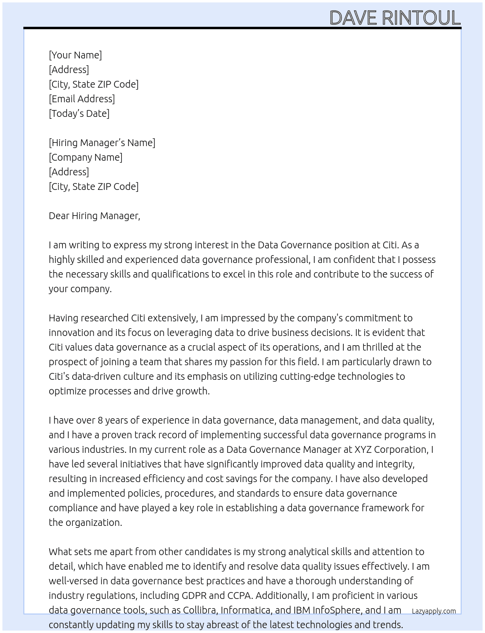 Data Governance At Citi Cover Letter