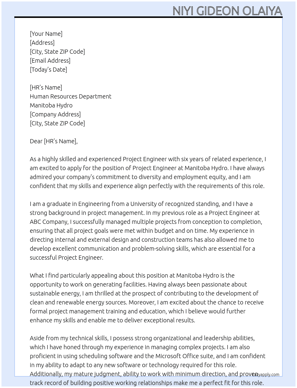 PROJECT ENGINEER At Manitoba Hydro Cover Letter