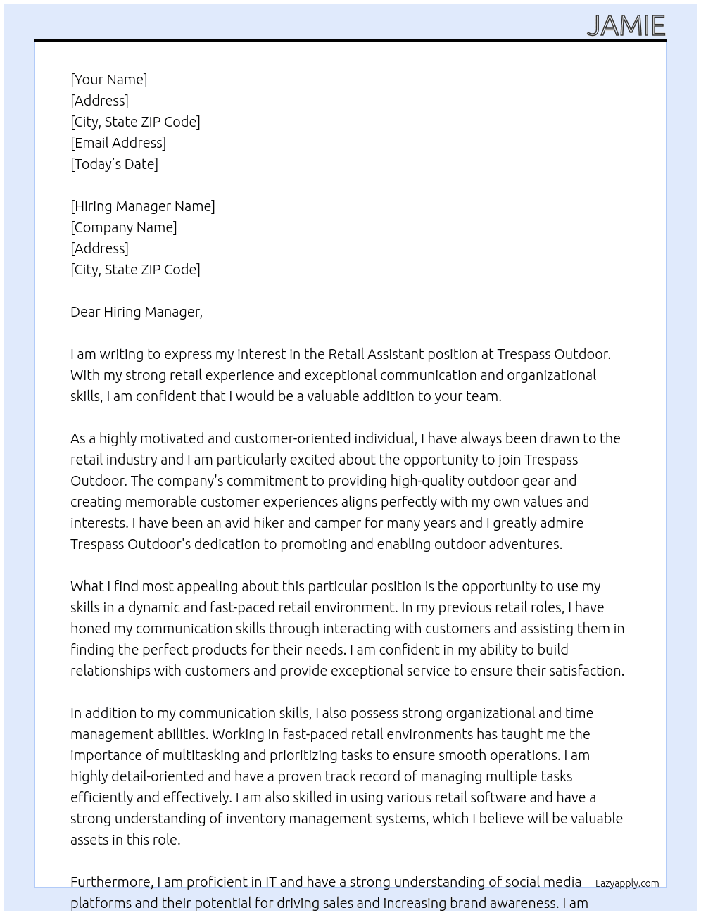 Retail Assistant  At Trespass Outdoor  Cover Letter