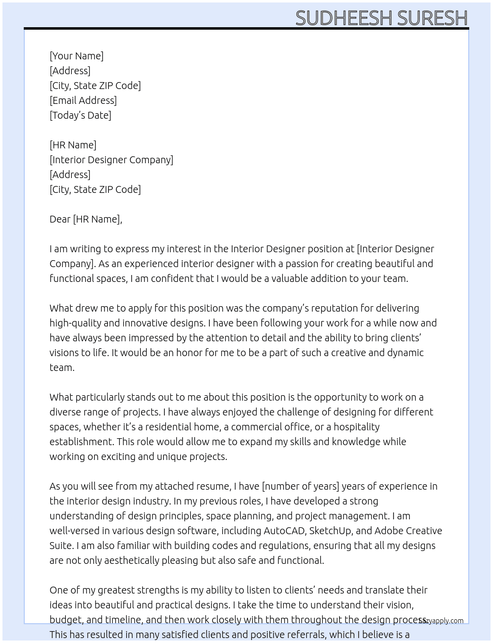Interior designer  At Interior designer company  Cover Letter