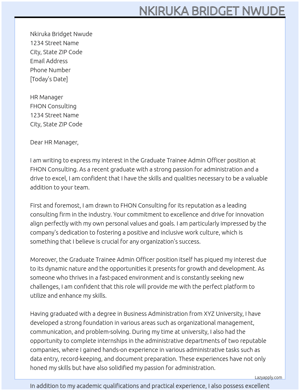 Graduate Trainee Admin Officer At FHON Consulting Cover Letter