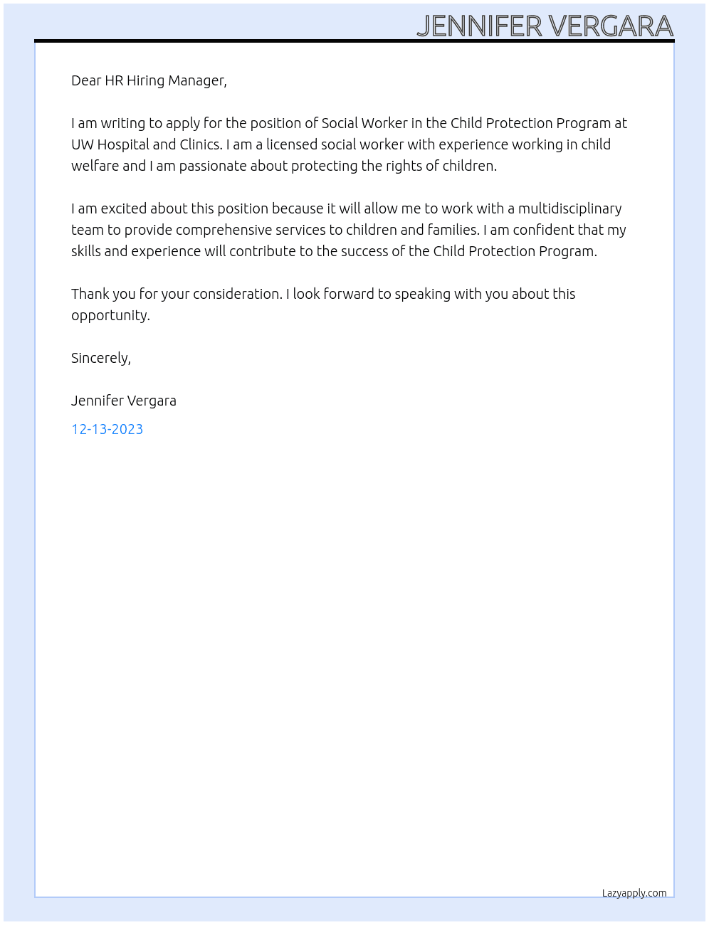 Social Worker- Child Protection Program At UW Hospital and Clinics Cover Letter