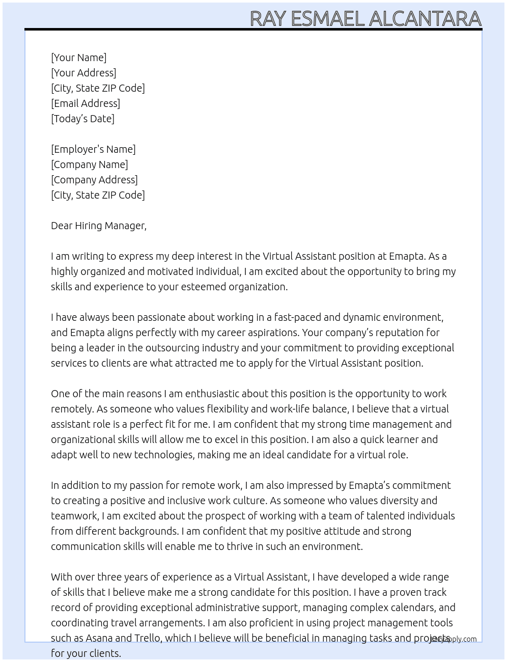 Virtual Assistant At Emapta Cover Letter