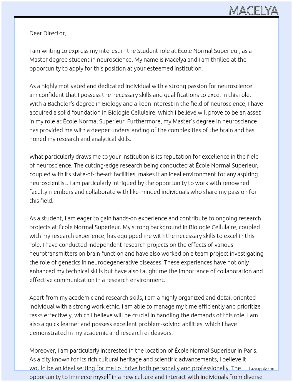 Master degree student in neuroscience At École Normal Superieur Cover Letter