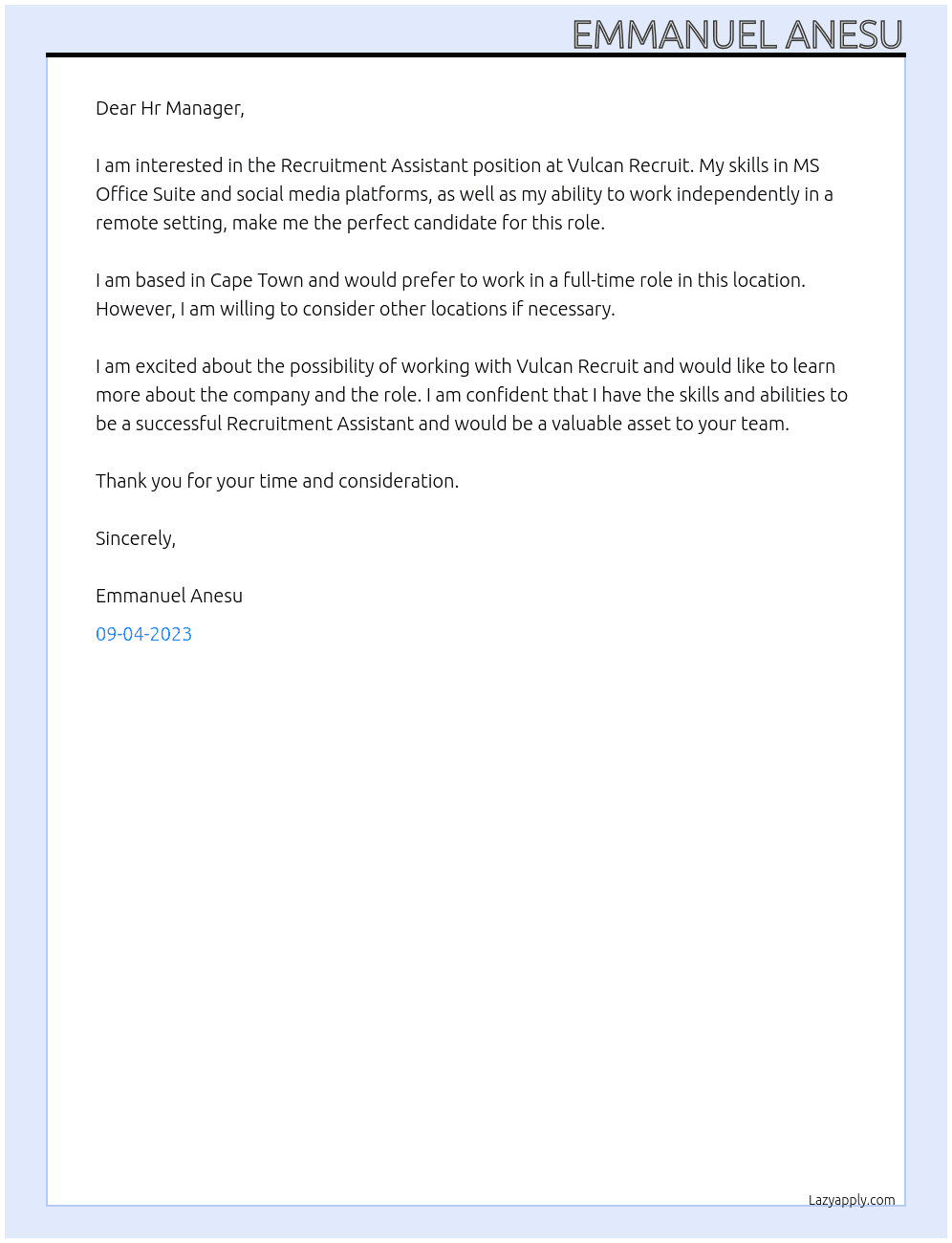 Recruitment Assistant At Vulcan Recruit Cover Letter