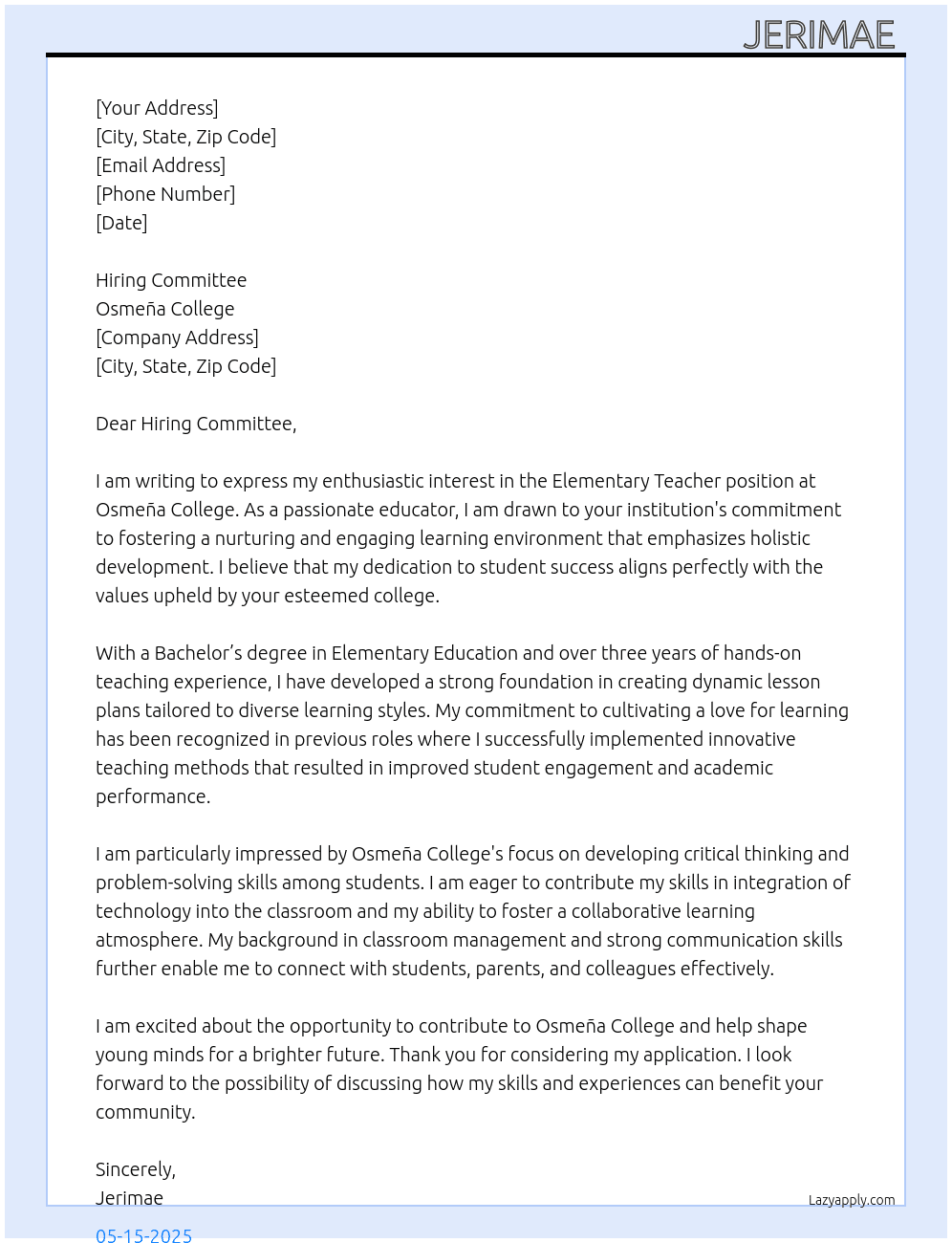 Cover letter for elementary teacher - LazyApply