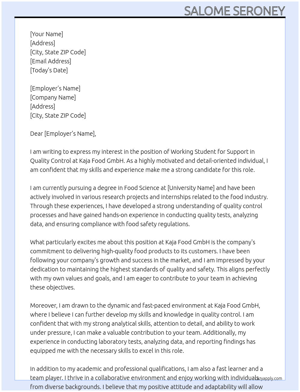 WORKING STUDENT FOR SUPPORT IN QUALITY CONTROL At kaja food gmbh Cover Letter
