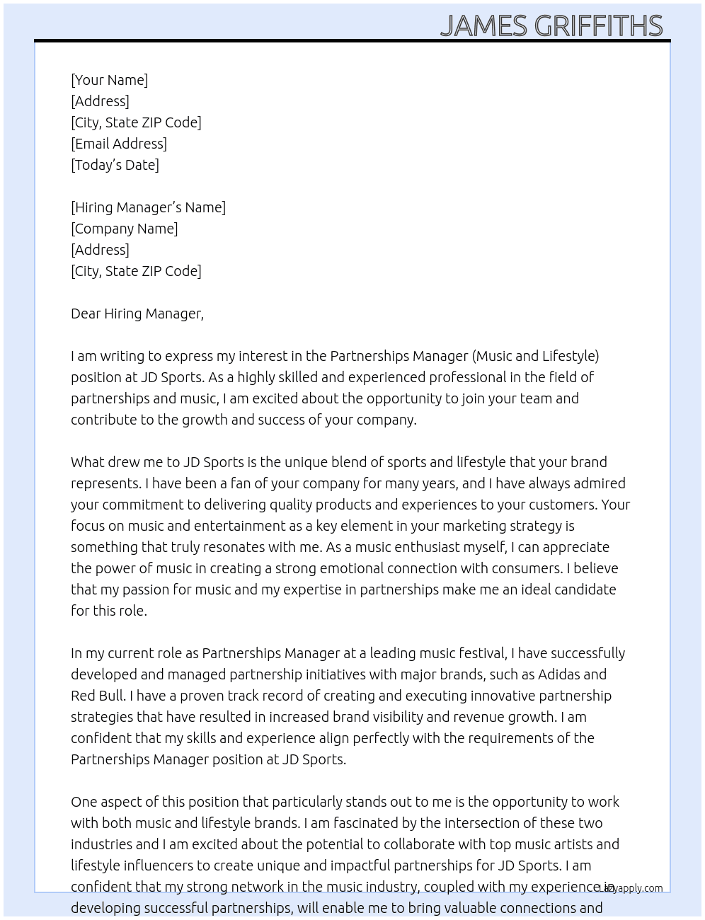 Partnerships Manager (Music and Lifestyle) At JD Sports Cover Letter