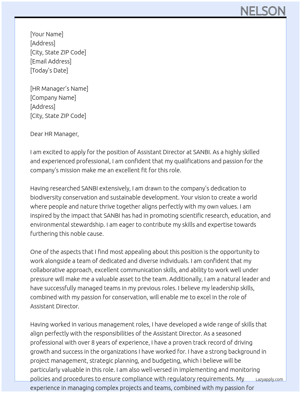 Assistant Director At SANBI Cover Letter
