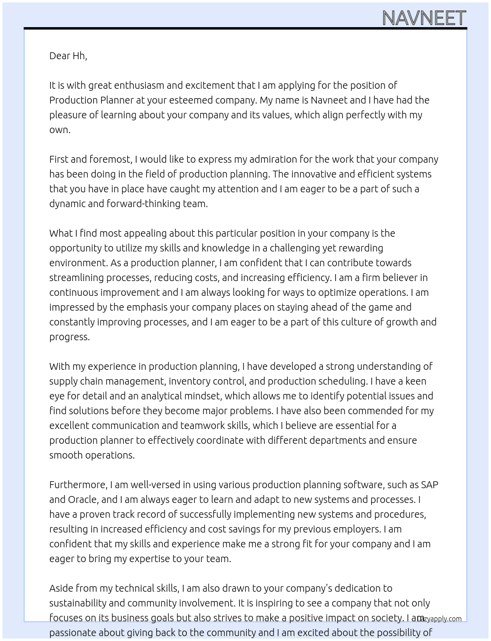 Production Planner At Hh Cover Letter