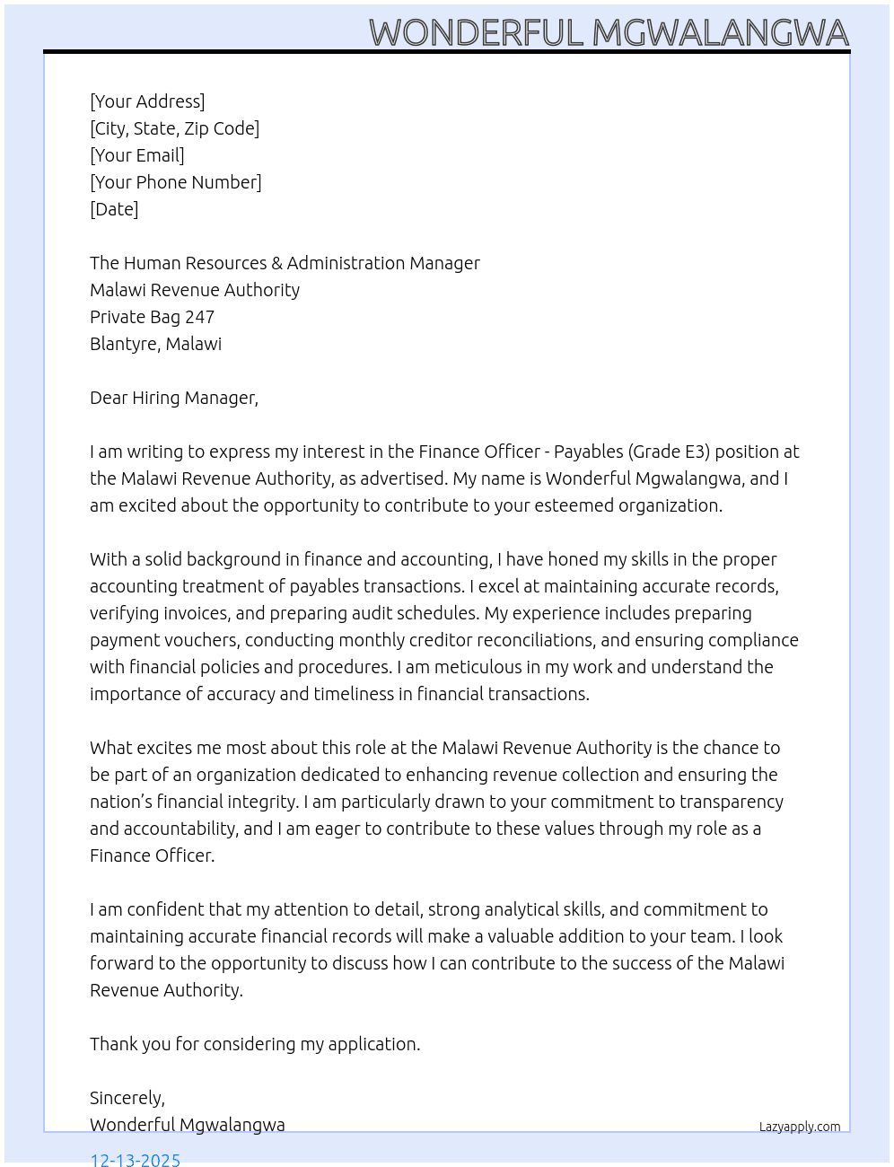 FINANCE OFFICER- PAYABLES  GRADE E3 At MALAWI REVENUE AUTHORITY Cover Letter