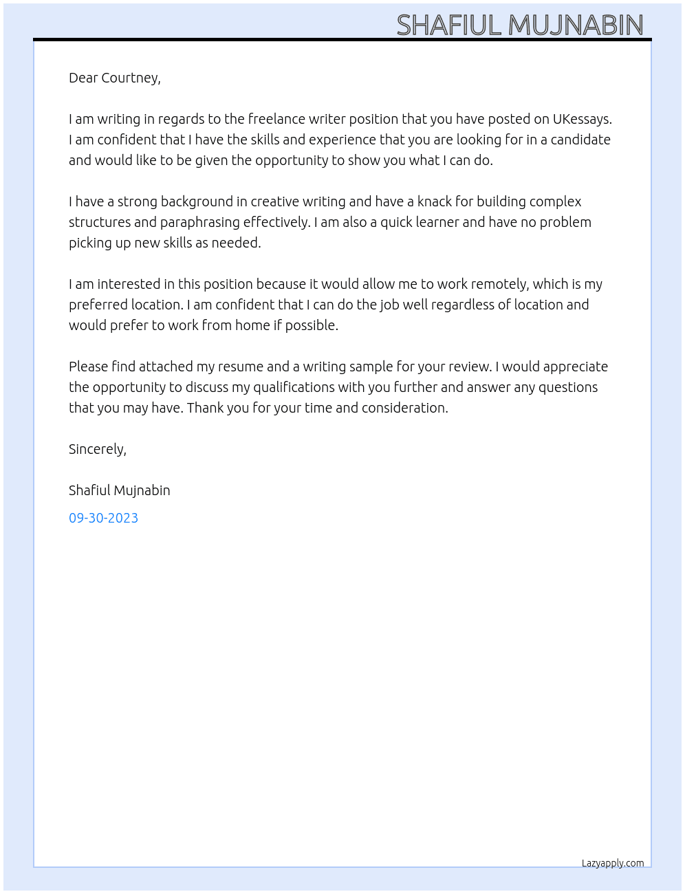 Freelance Writer At UKessays  Cover Letter
