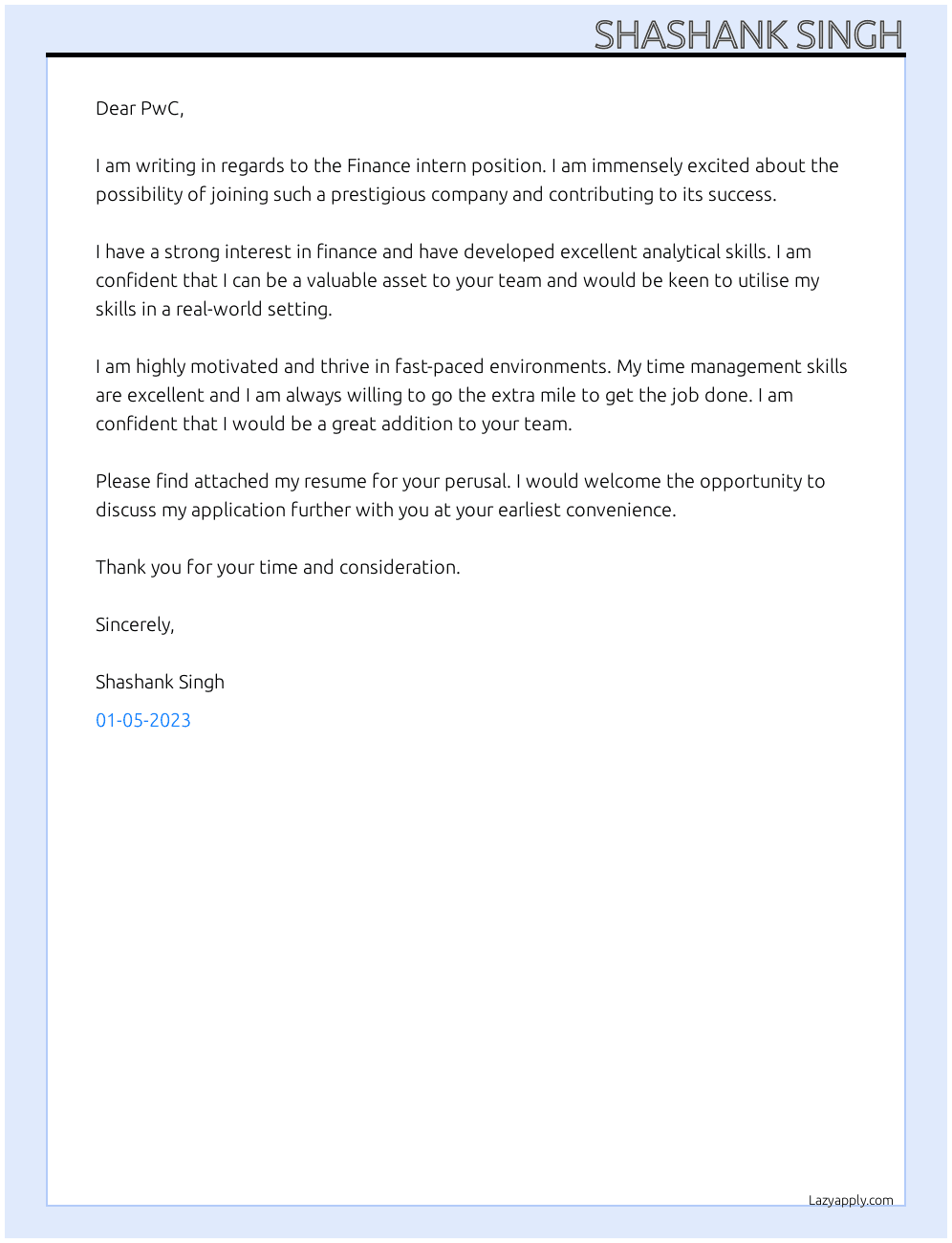 Finance intern  At Pwc Cover Letter