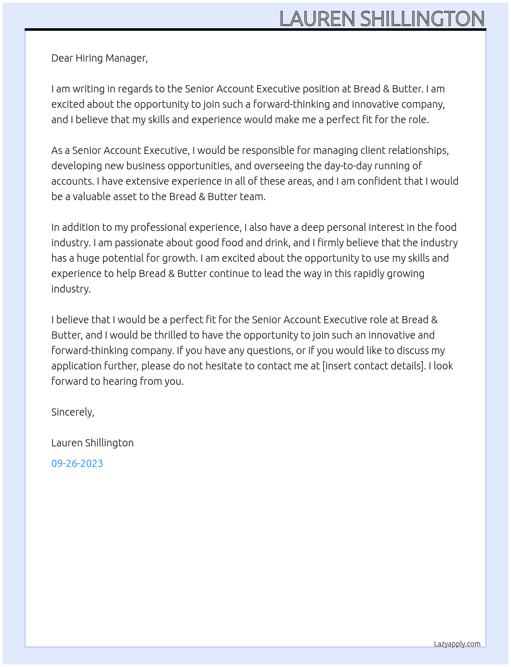 Senior Account Executive At Bread & Butter  Cover Letter