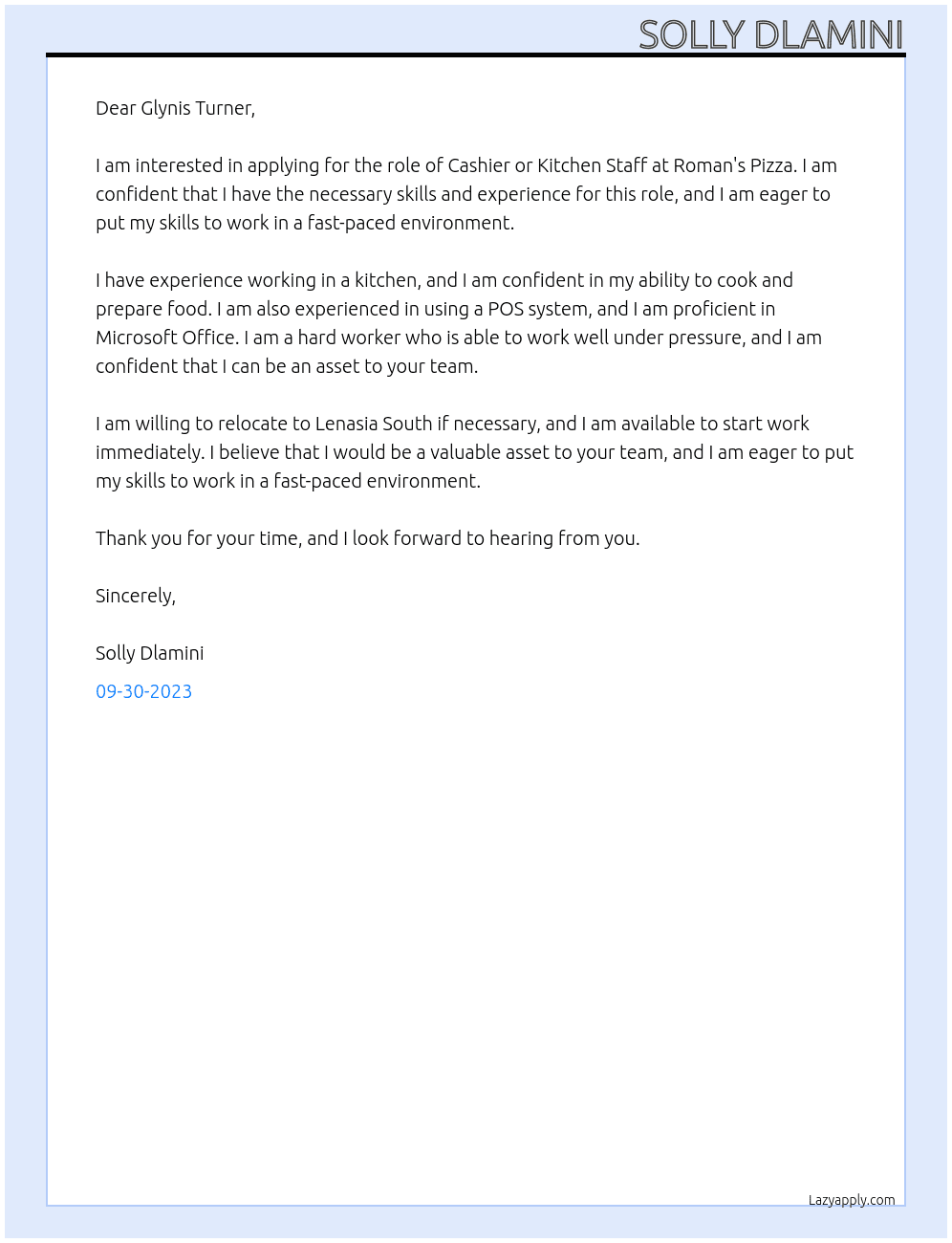Cashier or Kitchen Staff At Roman's Pizza Cover Letter
