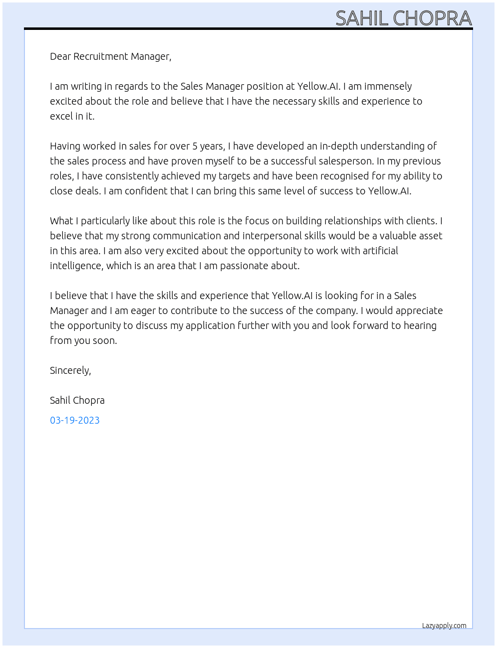 Sales Manager At Yellow.AI Cover Letter
