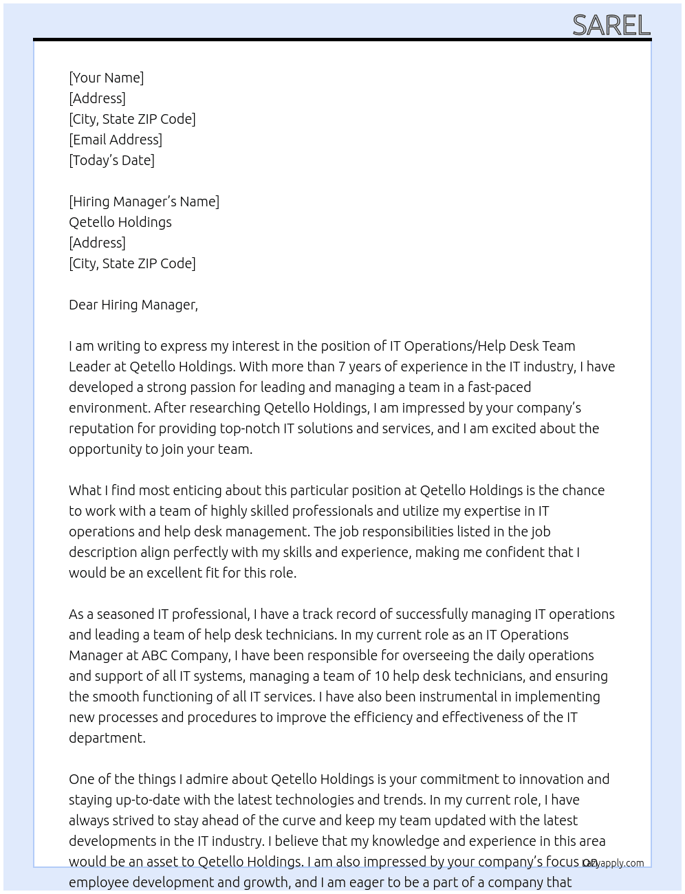 IT Operations/Help Desk Team Leader At Qetello Holdings Cover Letter