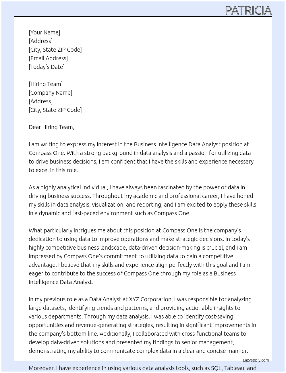 Business Intelligence Data Analyst At Compass One Cover Letter