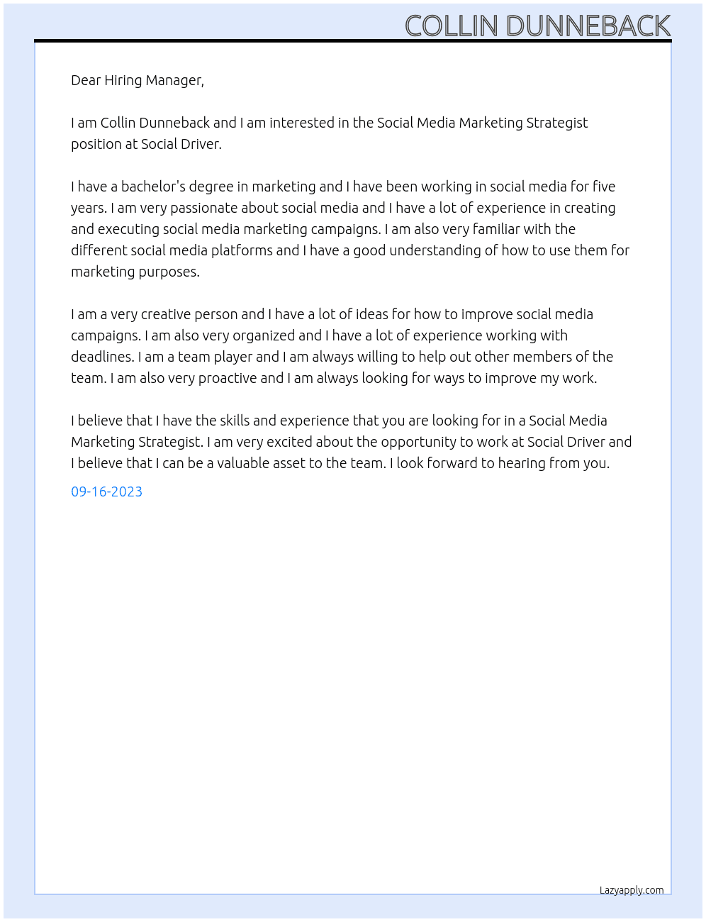 Social Media Marketing Strategist At Social Driver Cover Letter