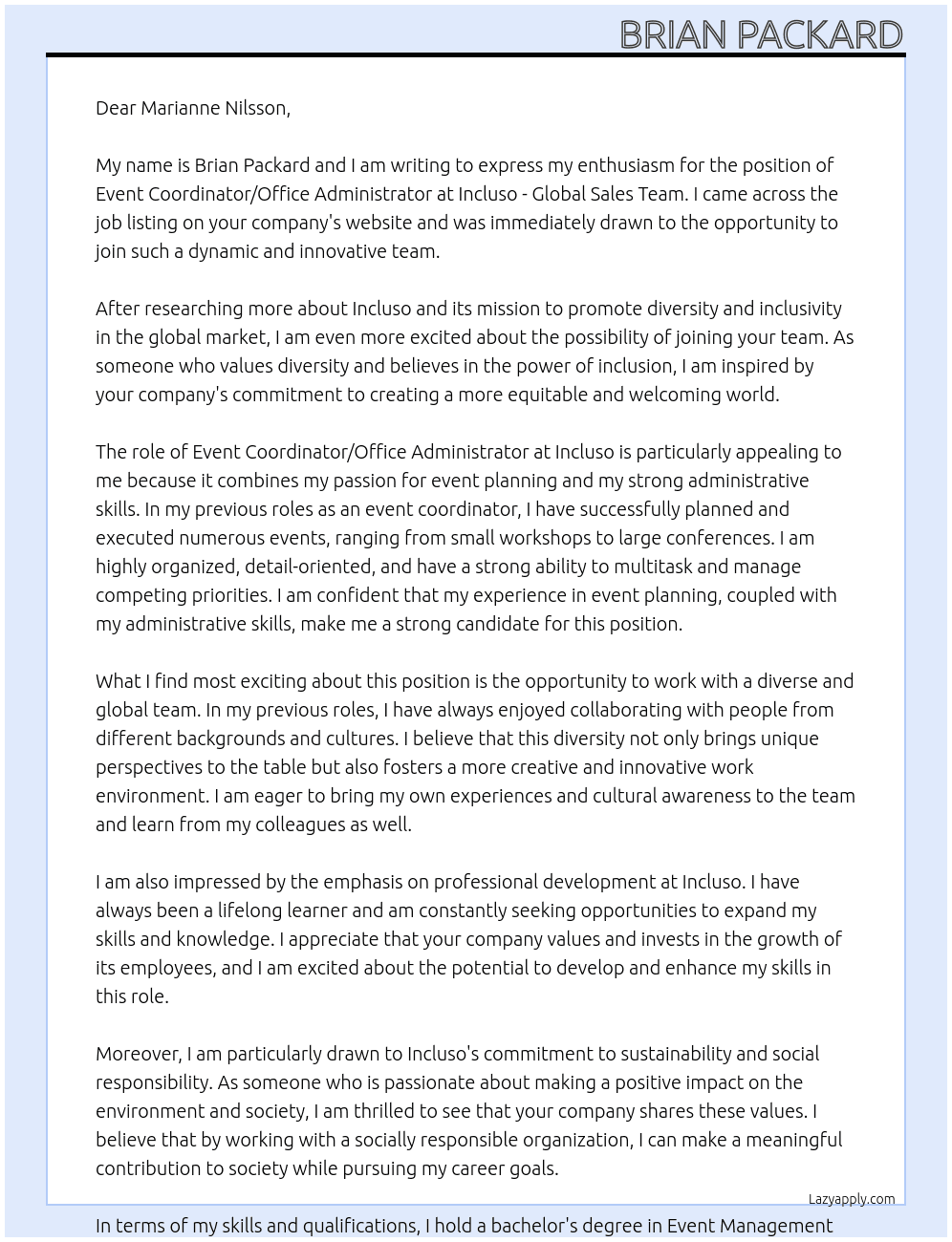 Event Coordinator/Office Administrator At Incluso - Global Sales Team Cover Letter