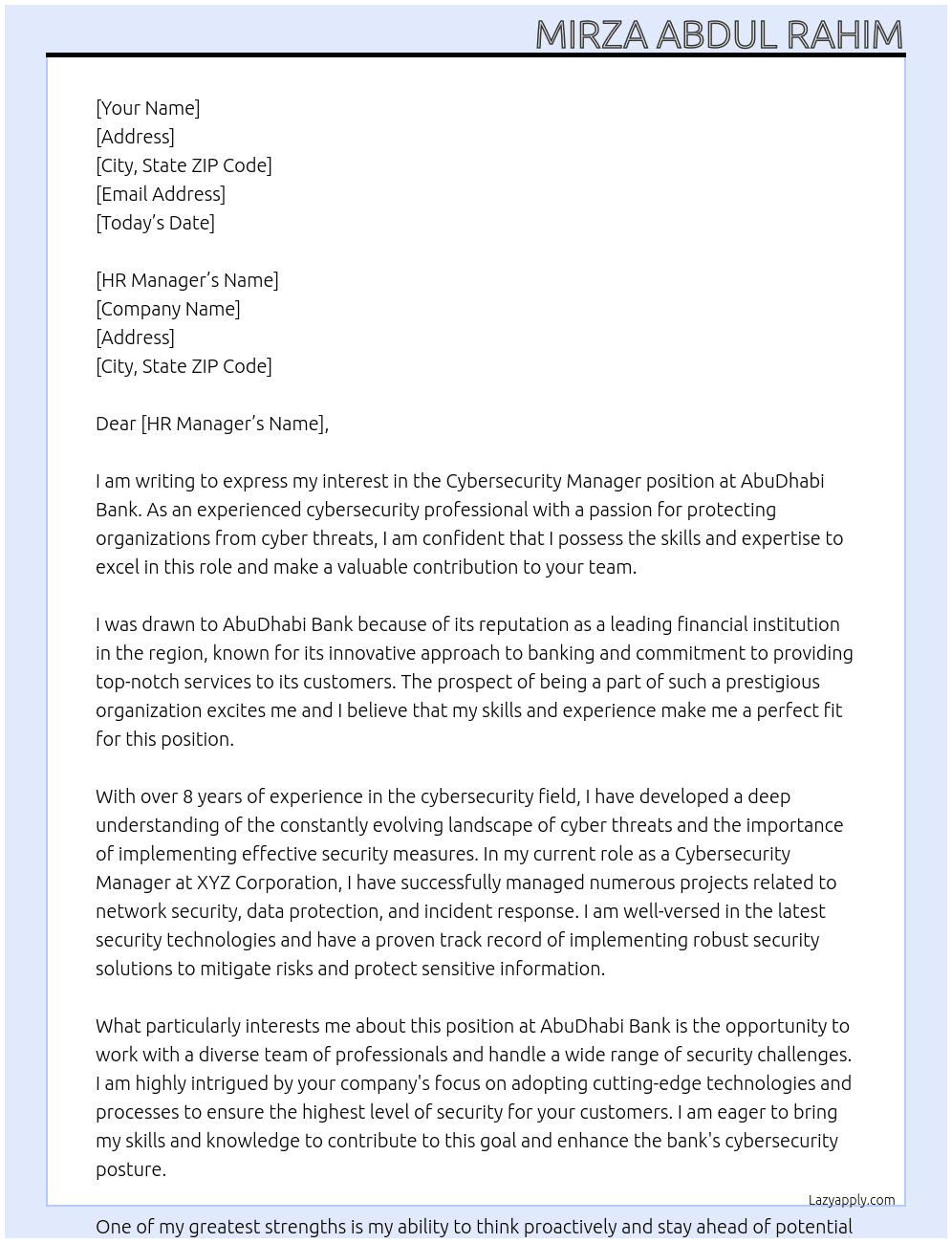 Cybersecurity Manager At AbuDhabi Bank Cover Letter