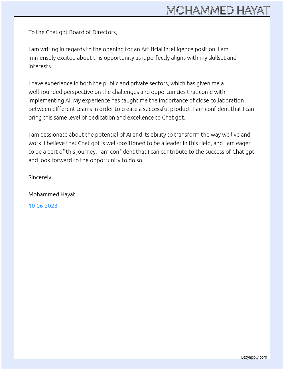 Artificial intelligence  At Chat gpt Cover Letter